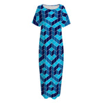 Blue Geometric Cube Shape Pattern Print Short Sleeve Long Nightdress