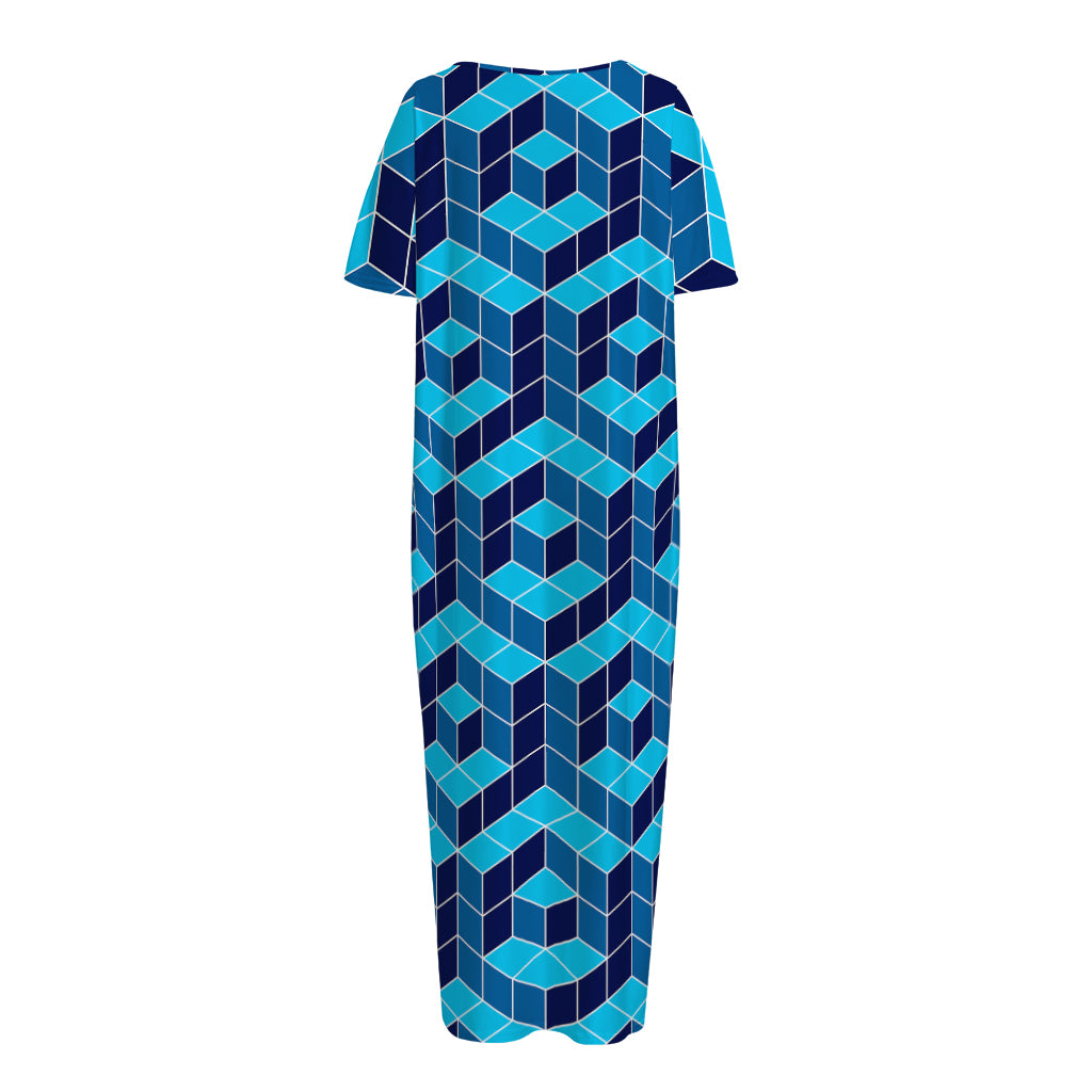 Blue Geometric Cube Shape Pattern Print Short Sleeve Long Nightdress