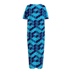 Blue Geometric Cube Shape Pattern Print Short Sleeve Long Nightdress