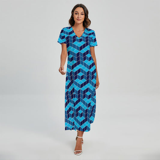 Blue Geometric Cube Shape Pattern Print Short Sleeve Maxi Dress