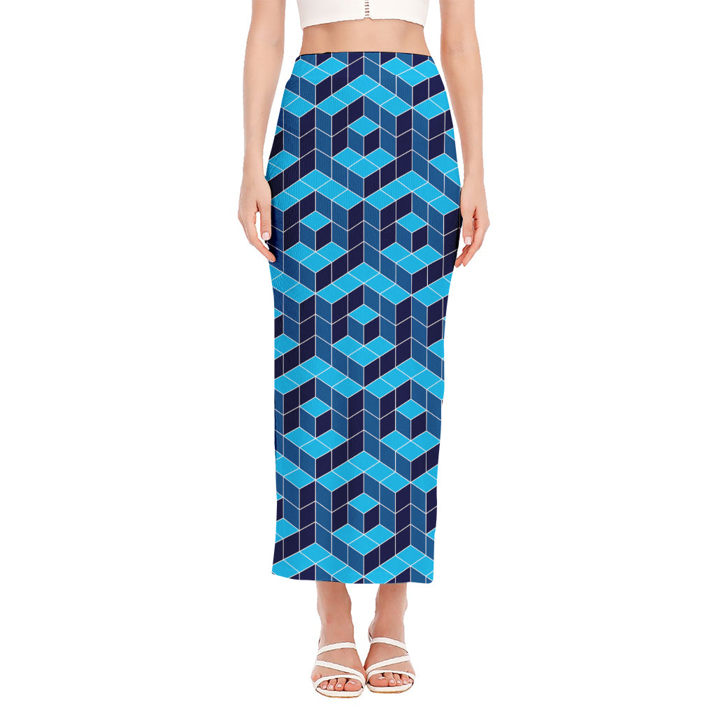 Blue Geometric Cube Shape Pattern Print Side Slit Maxi Skirt