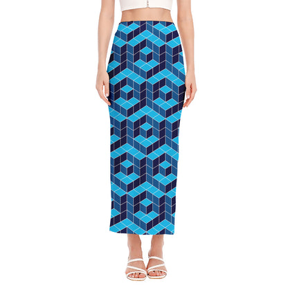 Blue Geometric Cube Shape Pattern Print Side Slit Maxi Skirt