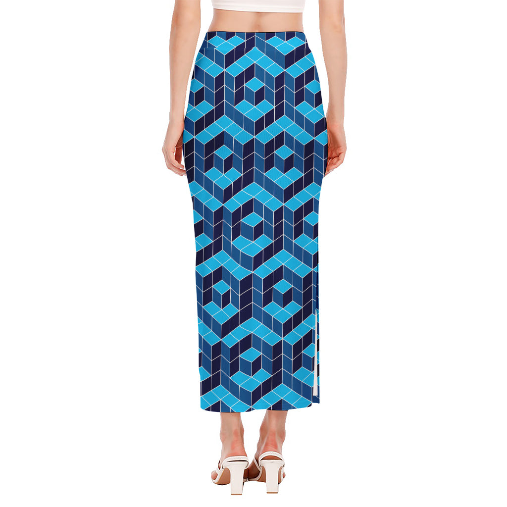 Blue Geometric Cube Shape Pattern Print Side Slit Maxi Skirt