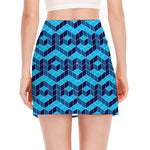Blue Geometric Cube Shape Pattern Print Side Slit Mini Skirt