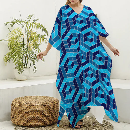 Blue Geometric Cube Shape Pattern Print Silk V-Neck Kaftan Dress