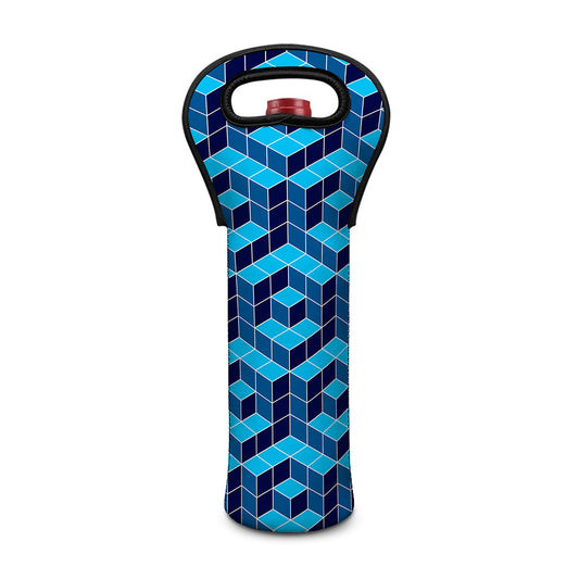 Blue Geometric Cube Shape Pattern Print Single Neoprene Wine Tote
