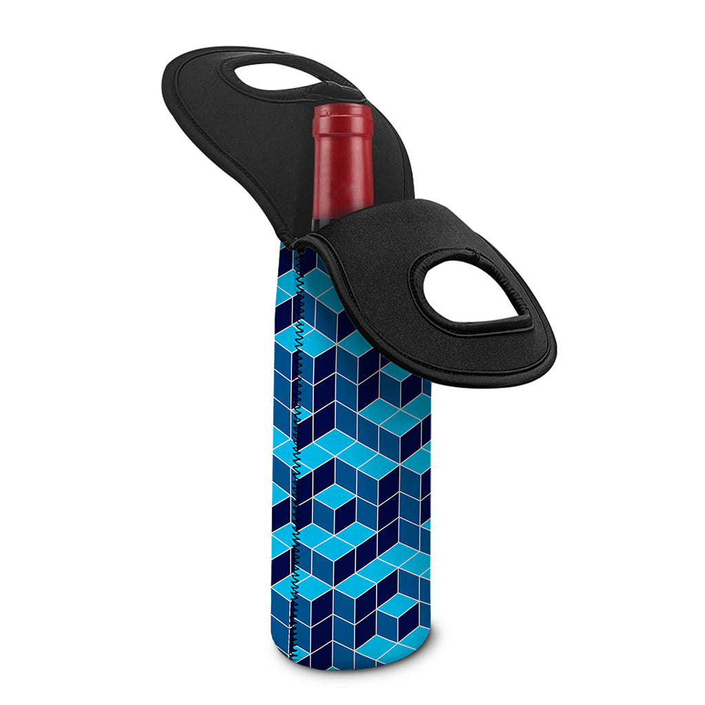Blue Geometric Cube Shape Pattern Print Single Neoprene Wine Tote