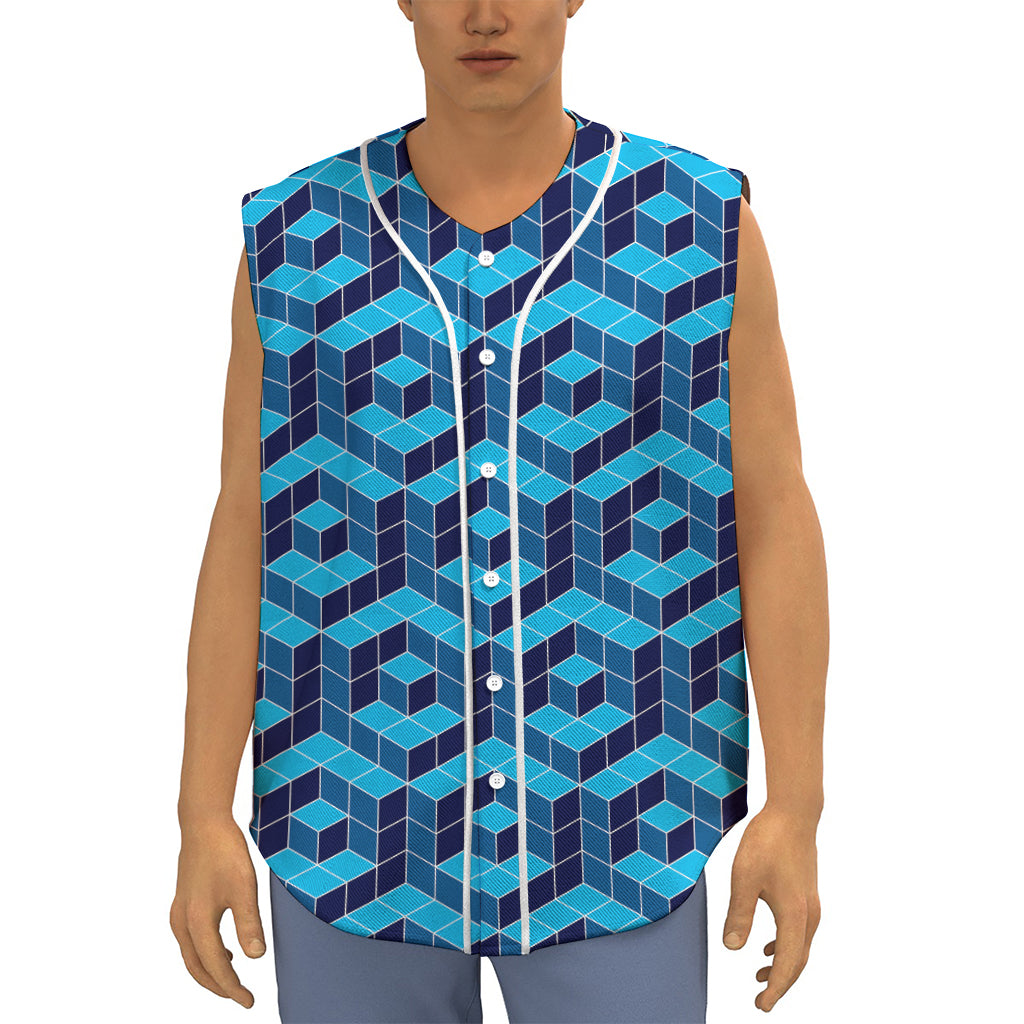 Blue Geometric Cube Shape Pattern Print Sleeveless Baseball Jersey