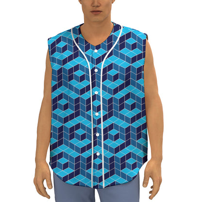 Blue Geometric Cube Shape Pattern Print Sleeveless Baseball Jersey