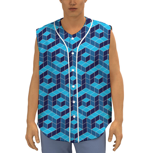 Blue Geometric Cube Shape Pattern Print Sleeveless Baseball Jersey