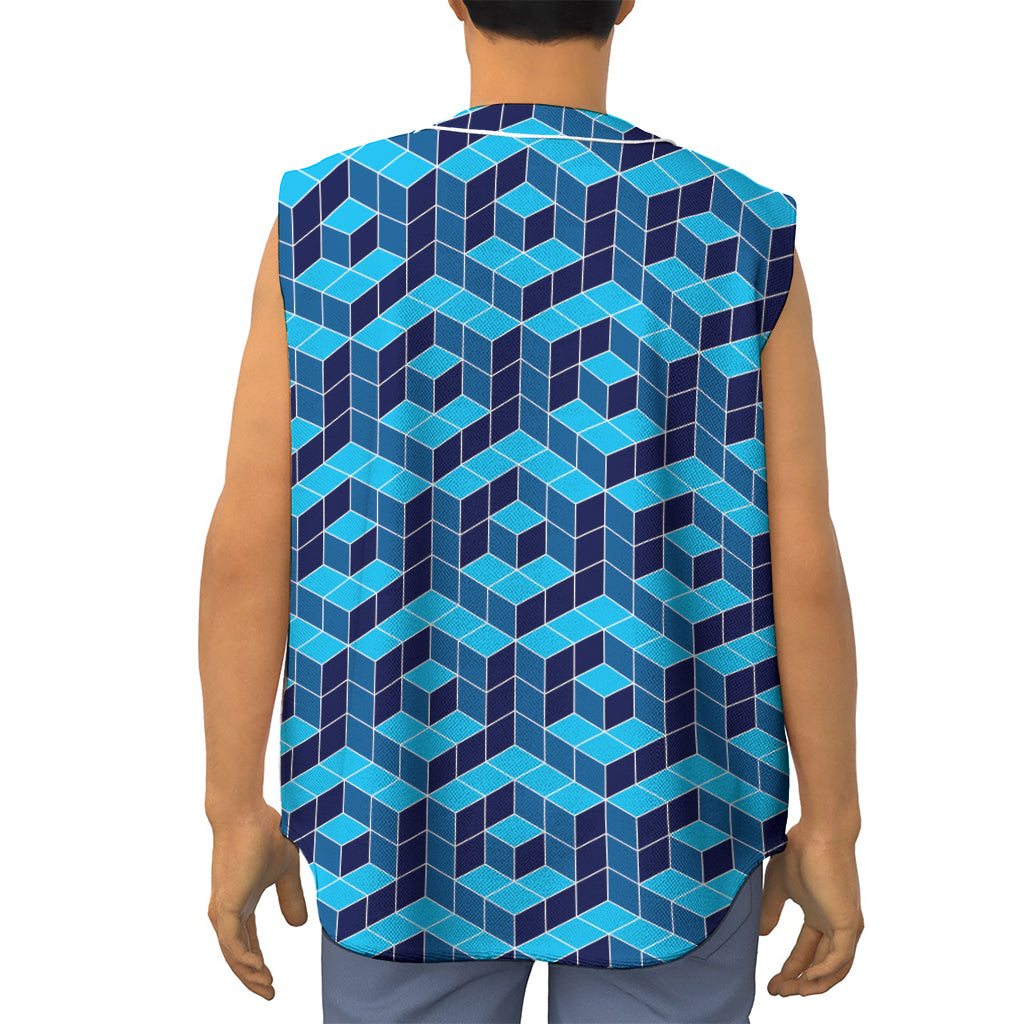 Blue Geometric Cube Shape Pattern Print Sleeveless Baseball Jersey