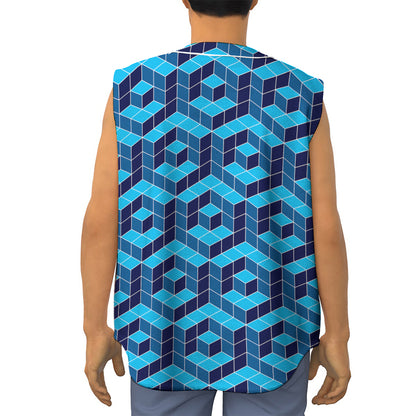 Blue Geometric Cube Shape Pattern Print Sleeveless Baseball Jersey