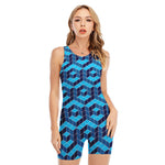 Blue Geometric Cube Shape Pattern Print Sleeveless One Piece Swimsuit