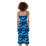 Blue Geometric Cube Shape Pattern Print Slim Fit Midi Cami Dress