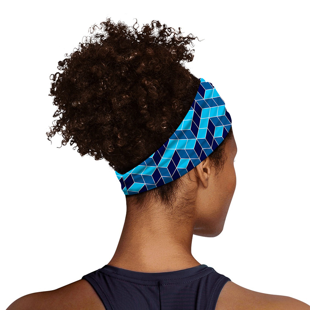 Blue Geometric Cube Shape Pattern Print Sports Headband