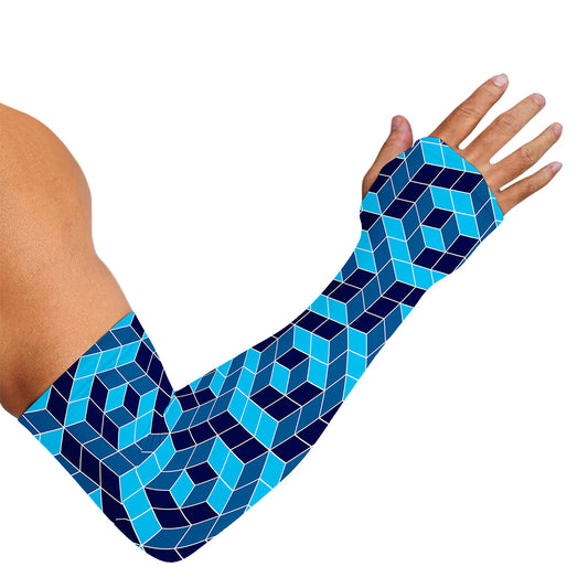 Blue Geometric Cube Shape Pattern Print Sun Protection Arm Sleeves