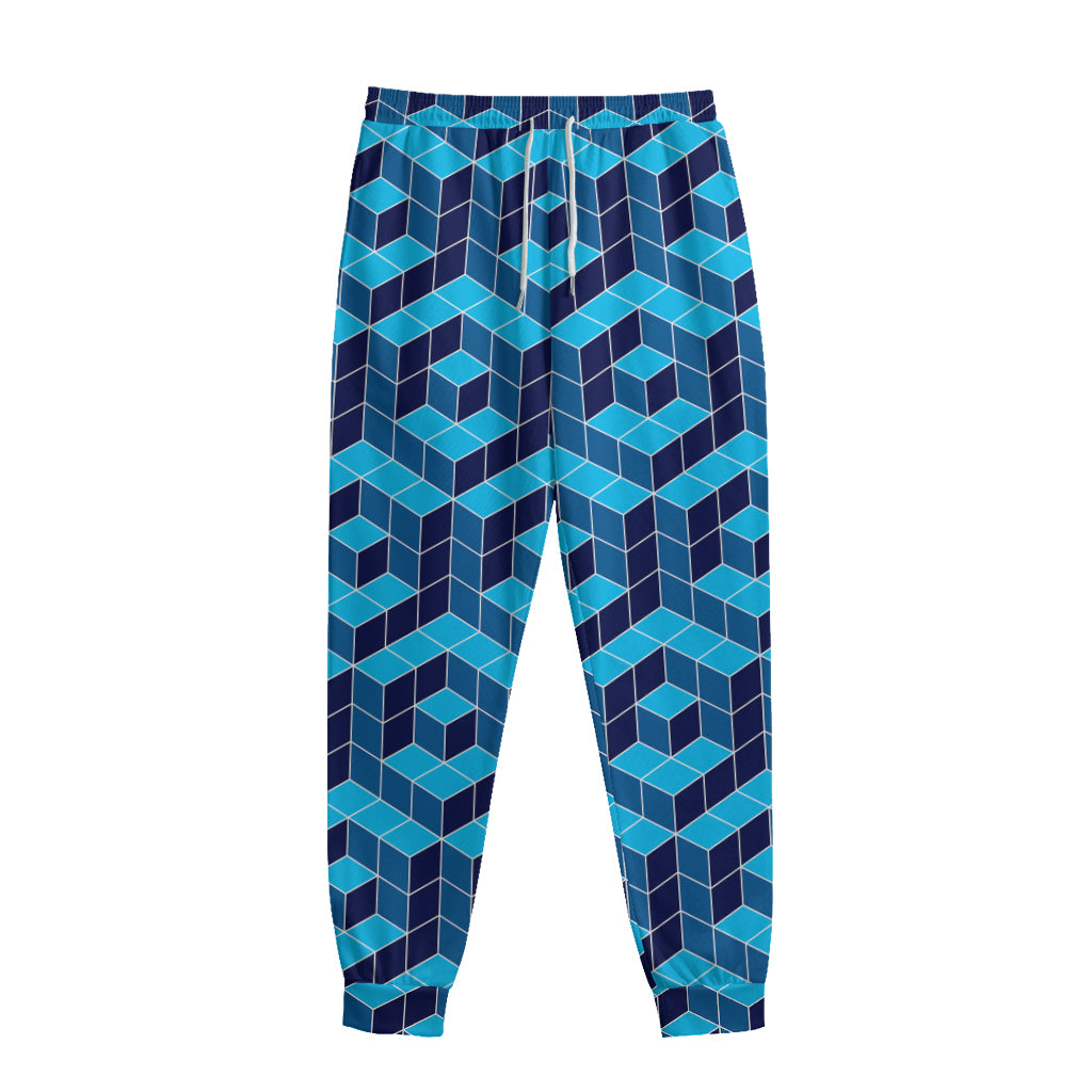 Blue Geometric Cube Shape Pattern Print Sweatpants