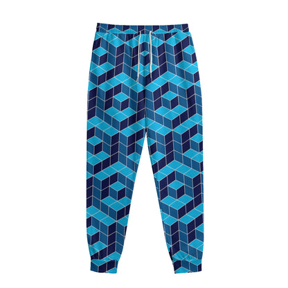 Blue Geometric Cube Shape Pattern Print Sweatpants