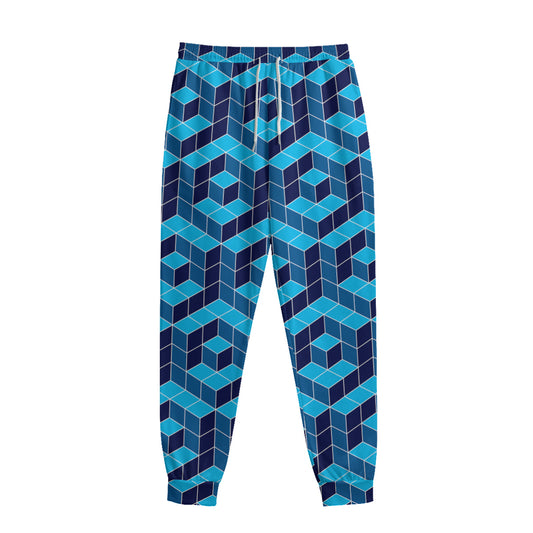 Blue Geometric Cube Shape Pattern Print Sweatpants