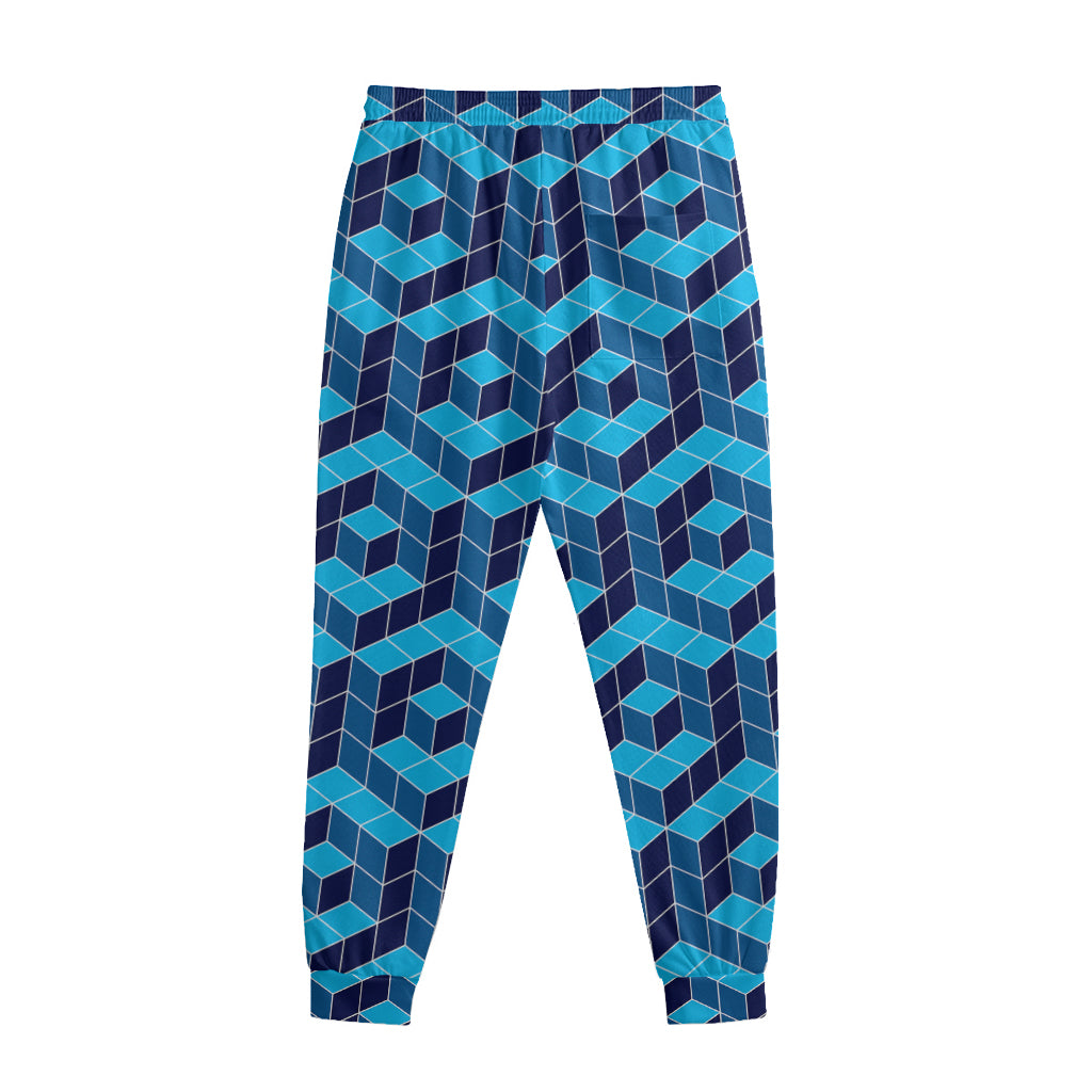 Blue Geometric Cube Shape Pattern Print Sweatpants