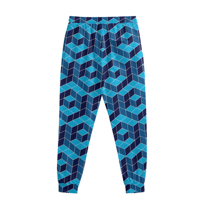 Blue Geometric Cube Shape Pattern Print Sweatpants