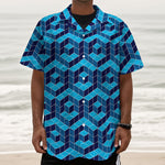 Blue Geometric Cube Shape Pattern Print Textured Short Sleeve Shirt