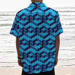 Blue Geometric Cube Shape Pattern Print Textured Short Sleeve Shirt