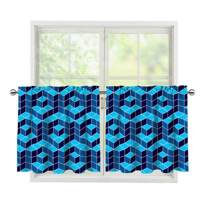 Blue Geometric Cube Shape Pattern Print Tier Curtains