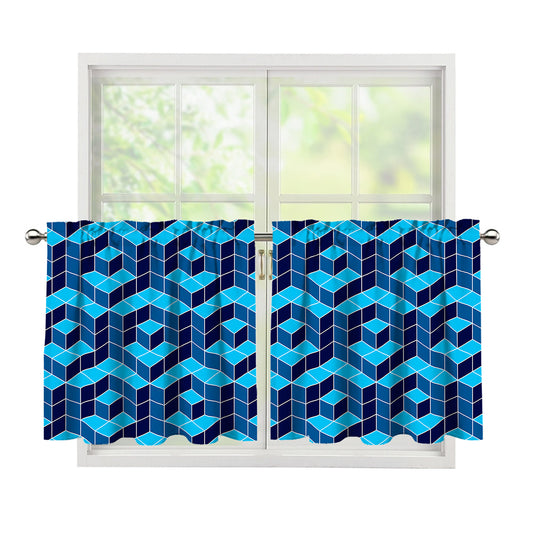 Blue Geometric Cube Shape Pattern Print Tier Curtains