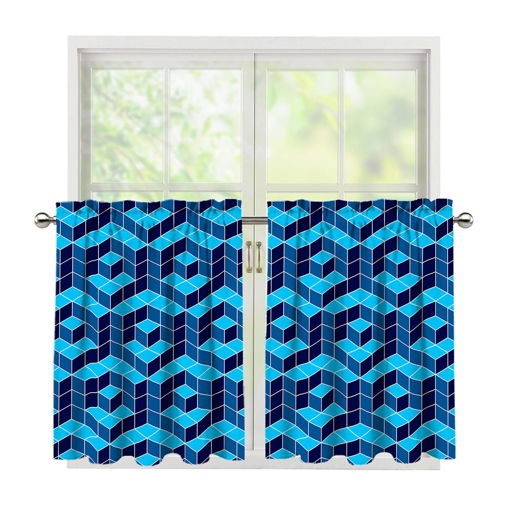 Blue Geometric Cube Shape Pattern Print Tier Curtains