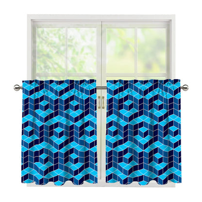 Blue Geometric Cube Shape Pattern Print Tier Curtains