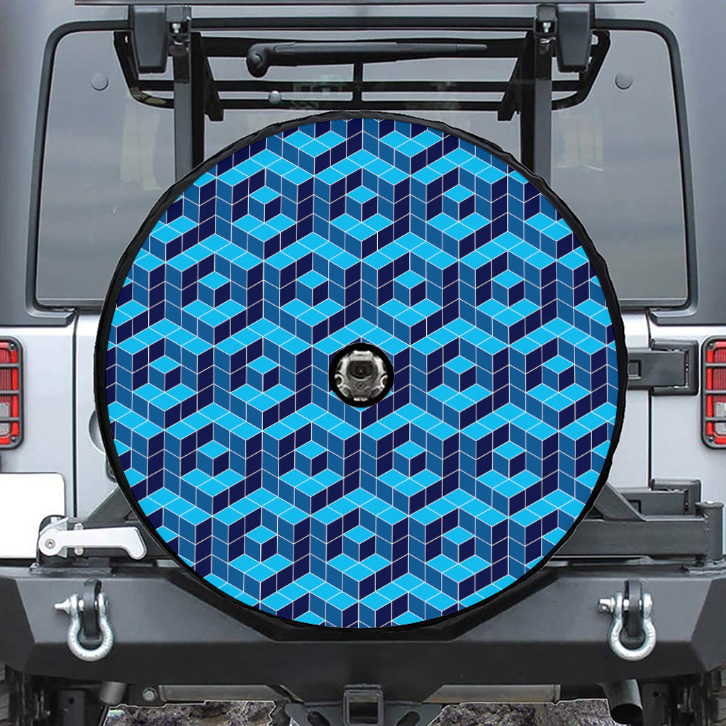 Blue Geometric Cube Shape Pattern Print Tire Cover With Camera Hole
