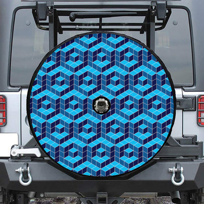 Blue Geometric Cube Shape Pattern Print Tire Cover With Camera Hole
