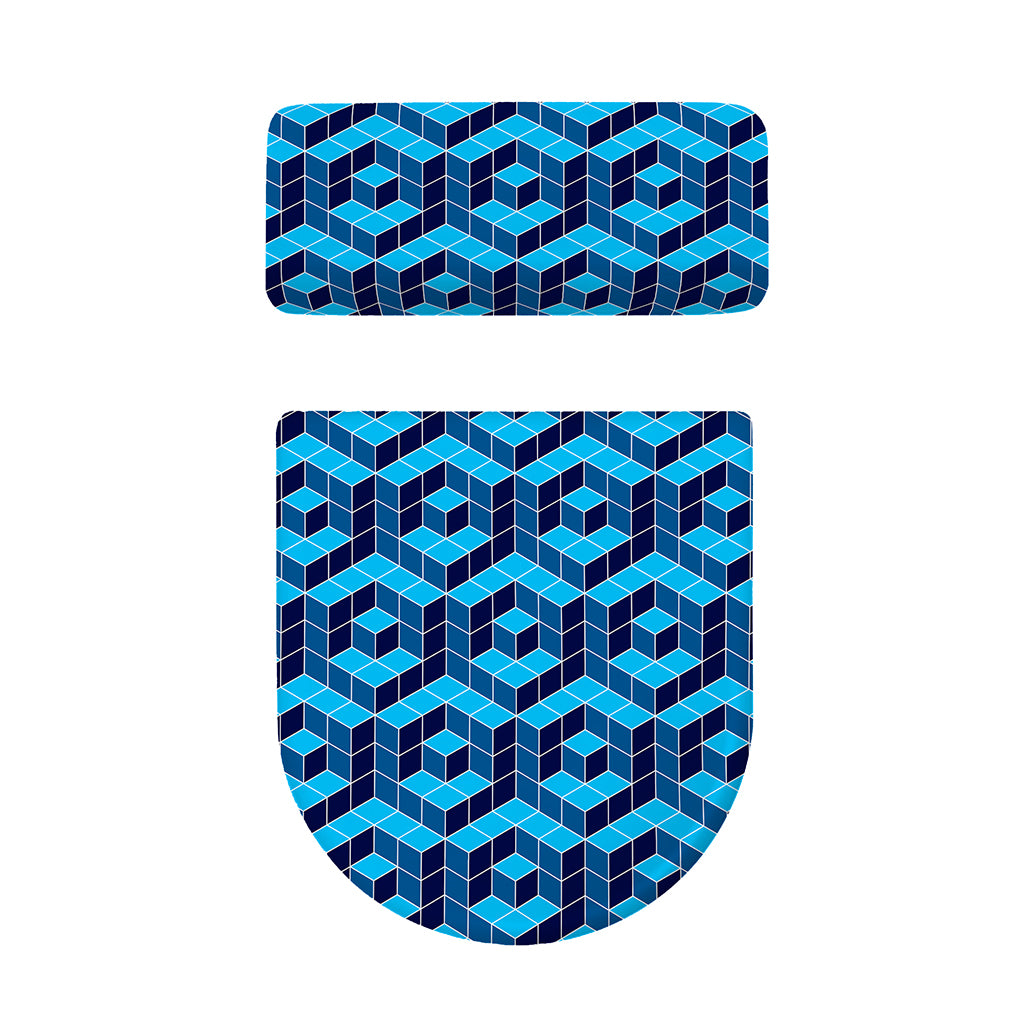 Blue Geometric Cube Shape Pattern Print Toilet Lid And Tank Cover Set