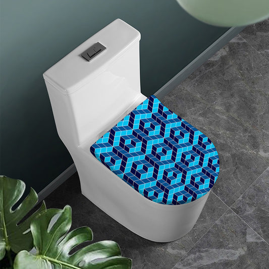 Blue Geometric Cube Shape Pattern Print Toilet Lid Cover