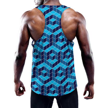 Blue Geometric Cube Shape Pattern Print Training Tank Top