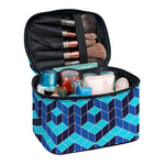 Blue Geometric Cube Shape Pattern Print Travel Makeup Bag