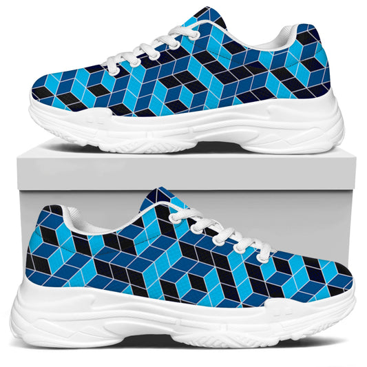 Blue Geometric Cube Shape Pattern Print White Chunky Shoes