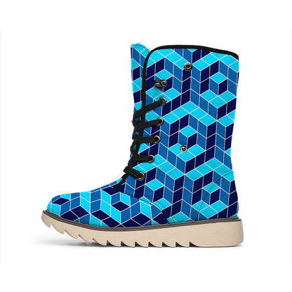 Blue Geometric Cube Shape Pattern Print Winter Boots