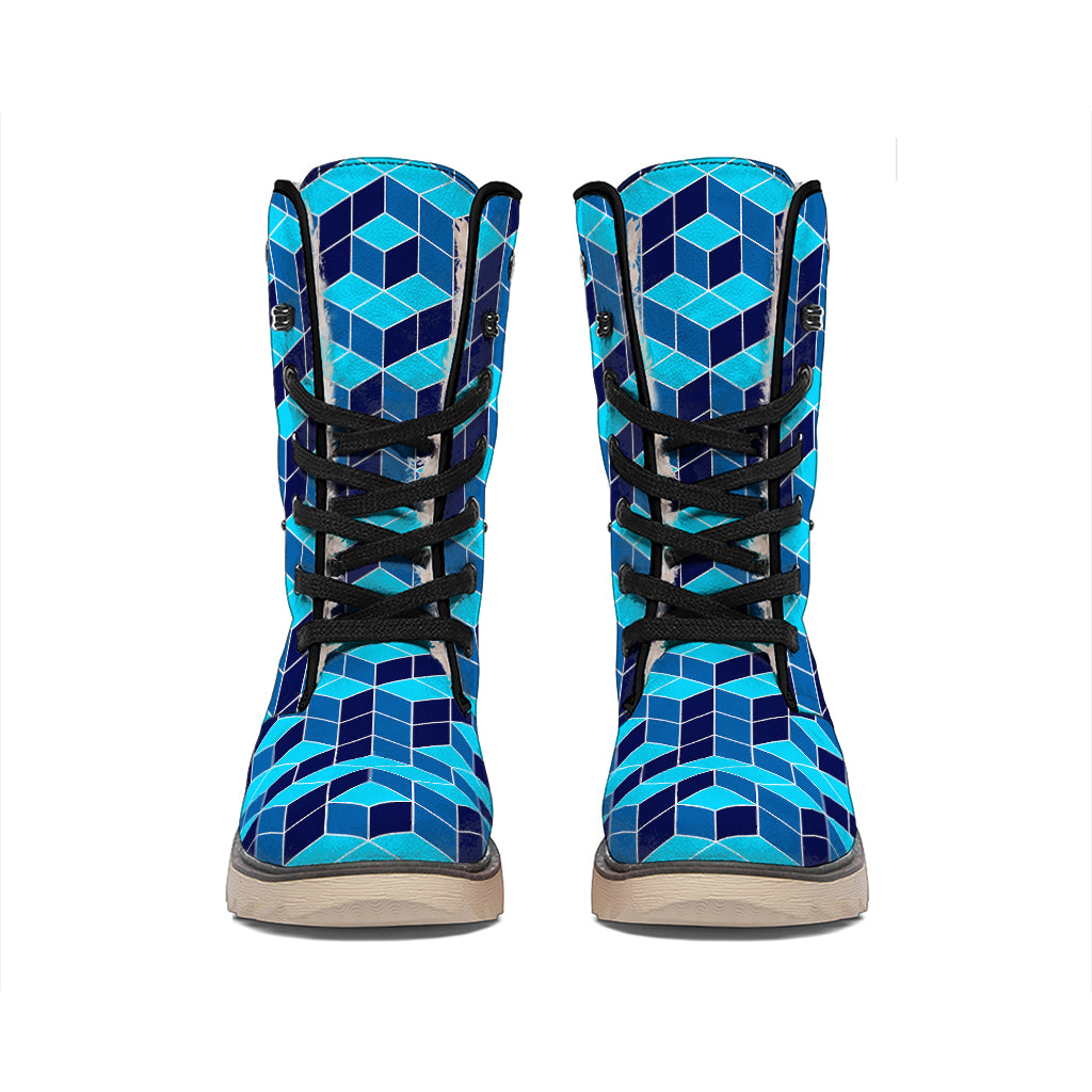Blue Geometric Cube Shape Pattern Print Winter Boots