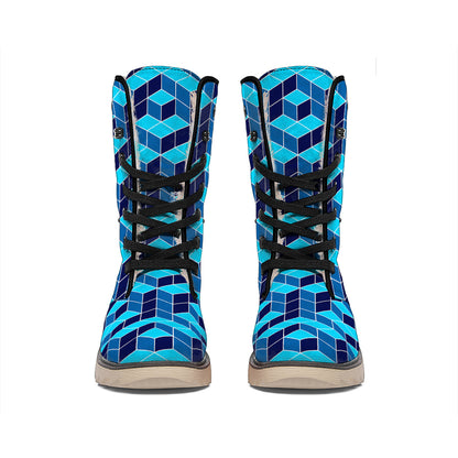 Blue Geometric Cube Shape Pattern Print Winter Boots