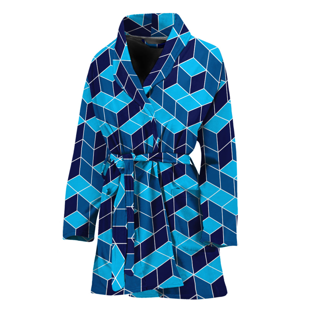 Blue Geometric Cube Shape Pattern Print Women's Bathrobe