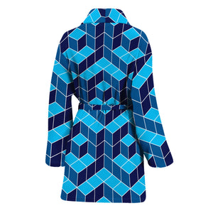 Blue Geometric Cube Shape Pattern Print Women's Bathrobe