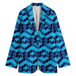 Blue Geometric Cube Shape Pattern Print Women's Blazer