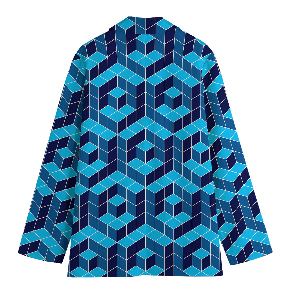 Blue Geometric Cube Shape Pattern Print Women's Blazer
