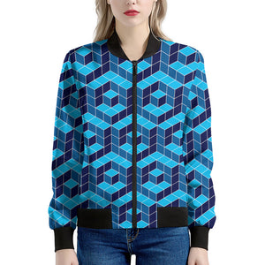 Blue Geometric Cube Shape Pattern Print Women's Bomber Jacket