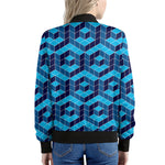 Blue Geometric Cube Shape Pattern Print Women's Bomber Jacket