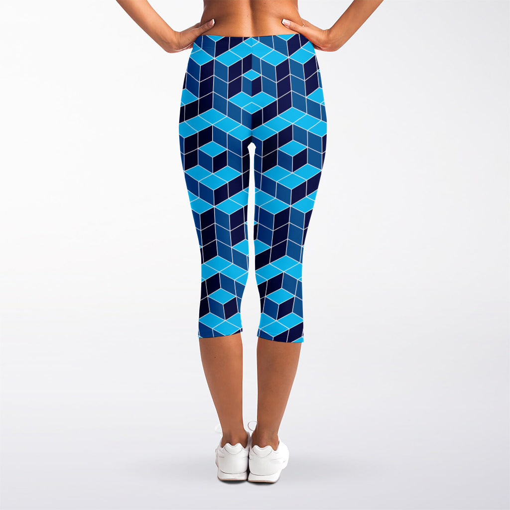 Blue Geometric Cube Shape Pattern Print Women's Capri Leggings