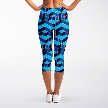 Blue Geometric Cube Shape Pattern Print Women's Capri Leggings