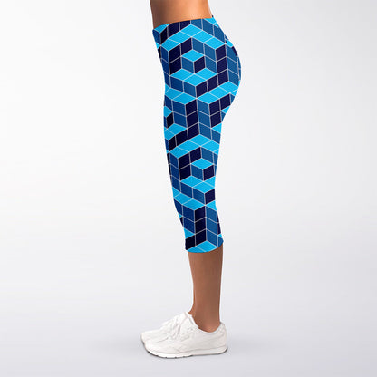 Blue Geometric Cube Shape Pattern Print Women's Capri Leggings